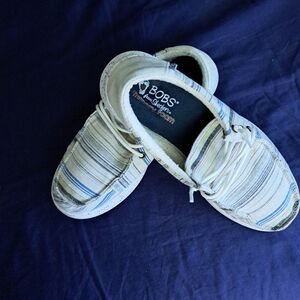 Women'sSkechers BOBS White and Blue Slip-On Loafers with Minimalist Design